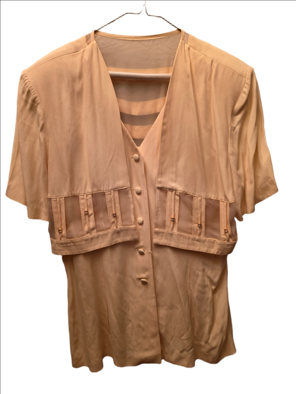 Vintage 80s Yellow Sheer Panel Button Blouse Gold Bead Detail